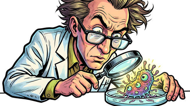 Man in lab coat looking at virus.