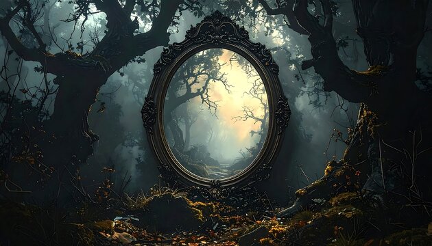 A mysterious forest scene viewed through an ornate oval frame