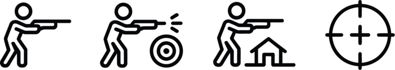 Obraz premium Black and White Line Art Icons of Shooting Practice – Rifle, Target and Aim Symbols