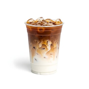 A plastic cup of iced coffee on a white background