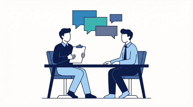 Two men in business casual attire sit at a table conversing in a minimalist office meeting room cartoon illustration