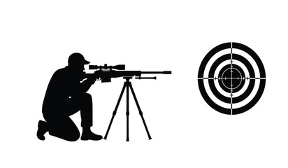 Black silhouette of a professional sniper kneeling and aiming a scoped rifle at a circular target