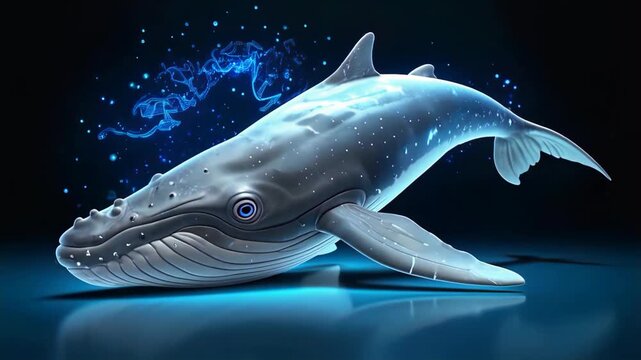 Digital illustration of a blue whale swimming underwater with glowing effects.