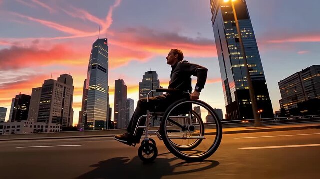 Man in wheelchair looking at city skyline during sunset with dramatic clouds.