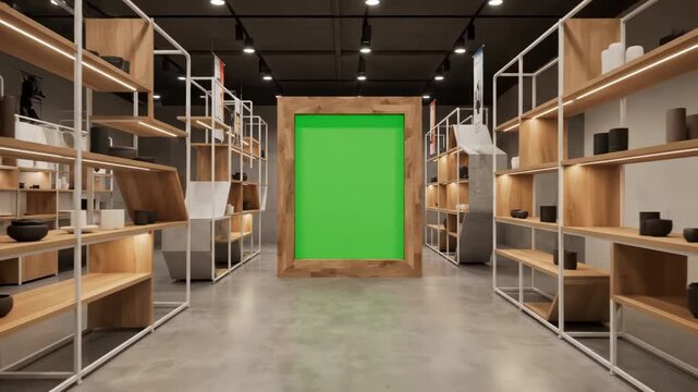 Empty warehouse storage room with shelves and green screen door at the end.