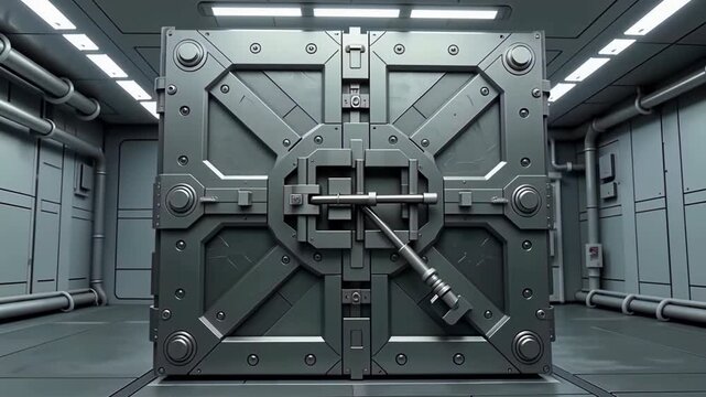 Futuristic high-security vault door in an industrial setting.