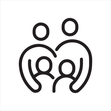 Thin outline icon happy young family, mother father and children. Line sign loving parents, family members, insurance family health. Vector isolated pictogram on white background editable stroke.