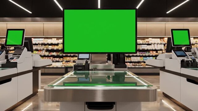 Modern self-checkout area in a supermarket with multiple digital screens and empty conveyor belts.