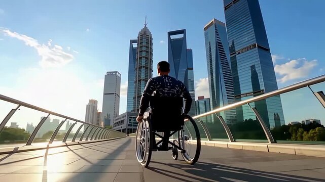 Person in wheelchair crossing modern city bridge with skyscrapers in background.