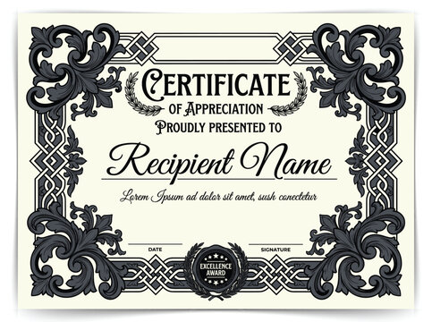 Vintage Certificate of Appreciation Template with Ornate Baroque Border and Gothic Typography