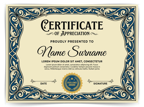 Vintage Certificate of Appreciation Template with Ornate Baroque Border and Gothic Typography