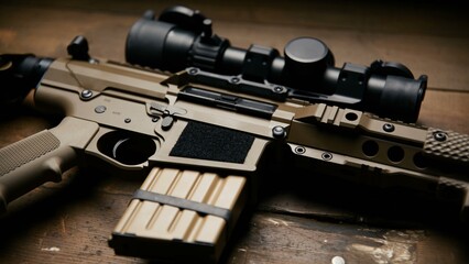 Obraz premium Modern tactical rifle with tan body and mounted scope