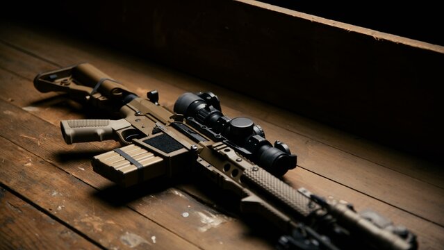 Modern tactical rifle with scope foregrip and bipod attachments