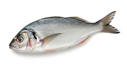 Obraz premium Freshly caught sea bream fish isolated on a clean white background, ready for culinary use.