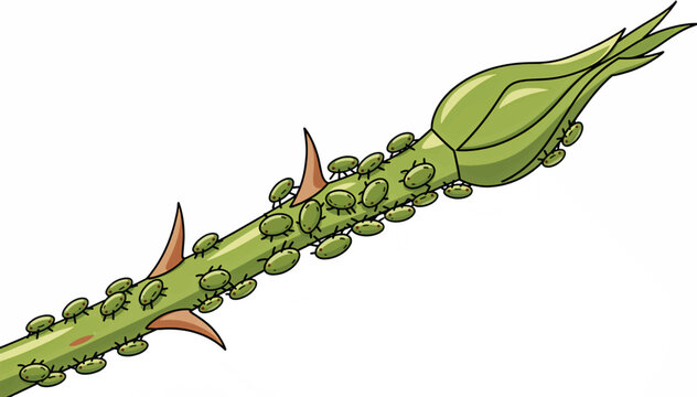 Green aphids on a rose stem and bud. Pest infestation vector illustration. Cartoon style garden insect graphic isolated on white