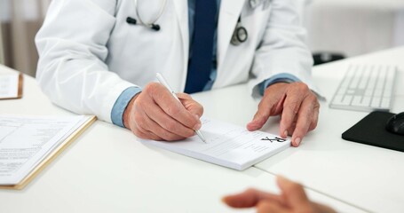 Hands, patient and doctor with prescription pad, writing and healthcare professional. Medical service, people and appointment in hospital, information and feedback for diagnosis and consultation © peopleimages.com