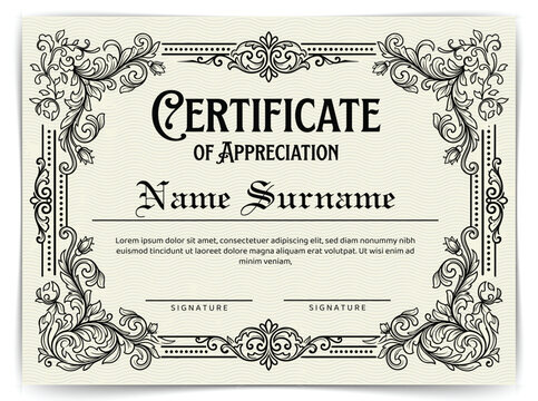 Vintage Certificate of Appreciation Template with Ornate Baroque Border and Gothic Typography