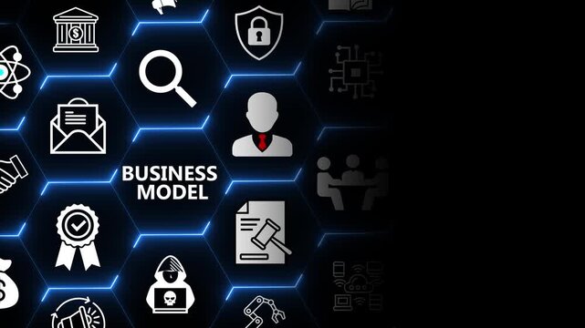 Business model concept with strategy and planning elements for value creation revenue generation and organizational structure in modern digital environments 4k animation video