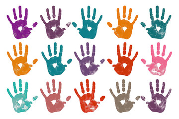 Fototapeta premium Various vibrant handprints arranged on a transparent background, representing diversity, partnership, and individual expression