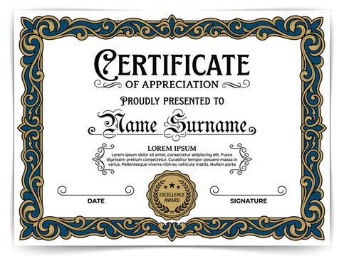 Vintage Certificate of Appreciation Template with Ornate Baroque Border and Gothic Typography