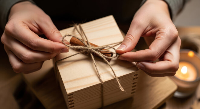 Hands tying a twine around a wrapped wooden gift box on a table with a candle.