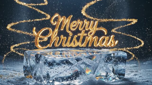 Golden Merry Christmas text with sparkling glitter on ice blocks.
