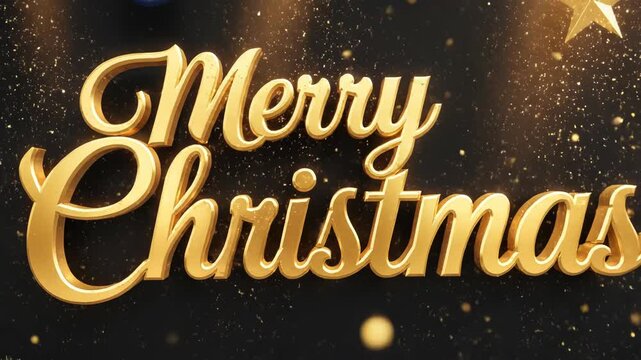 Elegant golden Merry Christmas text with festive sparkling background and glowing stars.