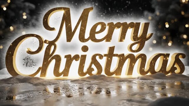 Festive Merry Christmas greeting with golden sparkling lights and decorative background.