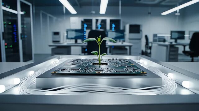 Small green plant growing on a computer motherboard symbolizing technology and nature integration.