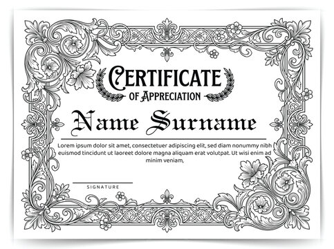 Vintage Certificate of Appreciation Template with Ornate Baroque Border and Gothic Typography