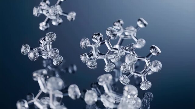 Close-up view of detailed transparent snowflakes on a dark blue background.