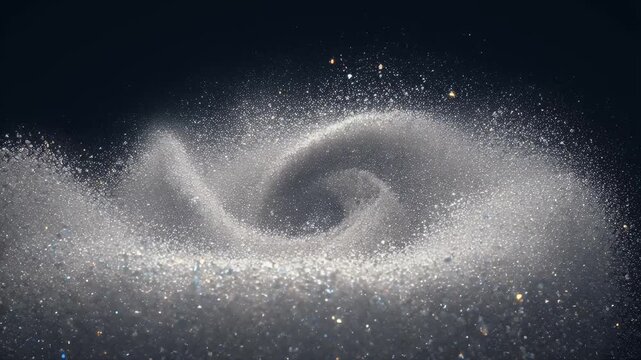Sparkling white dust cloud swirling, forming a galactic vortex against a deep dark background