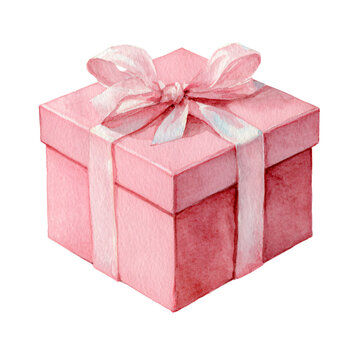 Elegant Pink Gift Box with Ribbon Watercolor Isolated on White Background