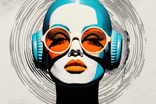Poster-style head wearing teal headphones and orange sunglasses with bold ripple