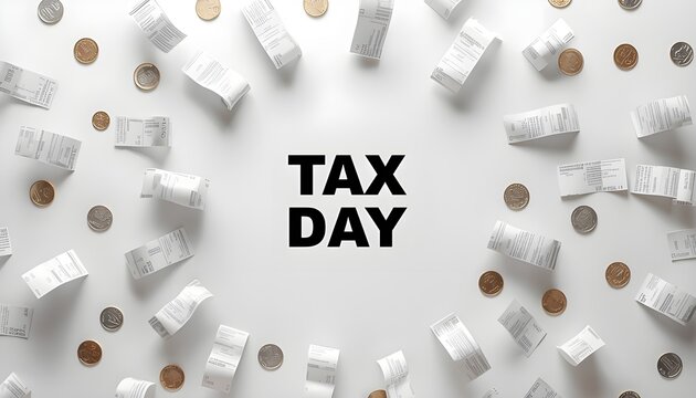 A collection of receipts and coins scattered on a white surface with the words TAX DAY in the center