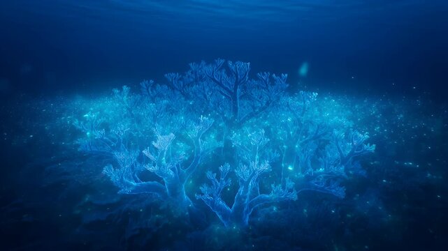 Deep blue underwater world with glowing coral-like structures and luminous particles
