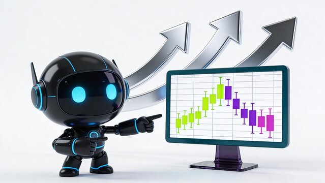 3D render of a cute AI robot pointing at a candlestick chart on a monitor with upward arrows. Concept of algorithmic trading, fintech, analytics, and investment.

