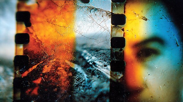 Photorealistic close-up of old worn film strip with scratches and dust, sepia tones on left, green and brown colors on right, grainy light leaks effect, high resolution retro photography backdrop
