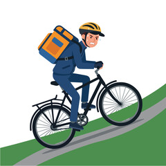 Naklejka premium vector of a courier overwhelmed by pedaling a bicycle on an uphill road