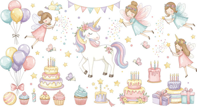 Colorful birthday celebration illustrations with fairy tale princesses cakes and balloons