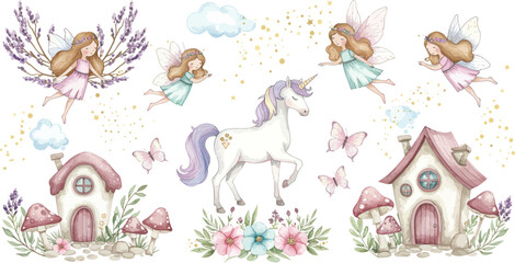 Obraz premium Whimsical fantasy scene with fairies houses unicorn and mushrooms in a magical garden setting with flowers and trees