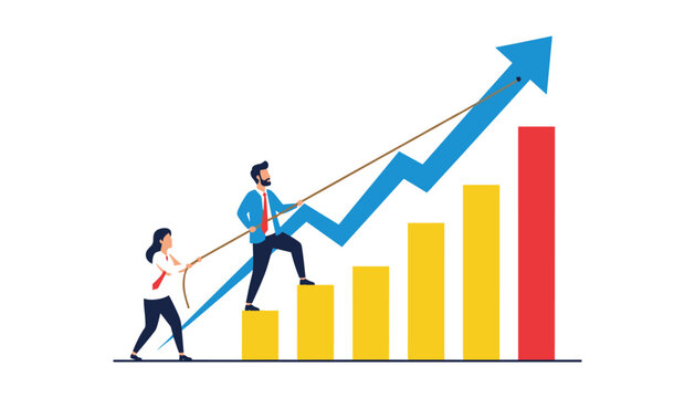 Business growth concept with two people pulling a rope to climb an upward trend graph