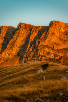 Majestic limestone cliffs of Mount Lebrsnik on the border of Bosnia and Herzegovina and Montenegro, scenic mountain landscape in the Dinaric Alps.