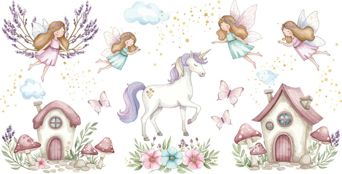 Whimsical fantasy scene with fairies houses unicorn and mushrooms in a magical garden setting with flowers and trees