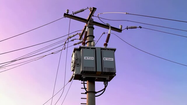 Electrical transformer mounted on utility pole with power lines against blue sky.