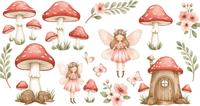 Whimsical fairy surrounded by red mushrooms flowers and foliage in a magical forest setting with tiny house