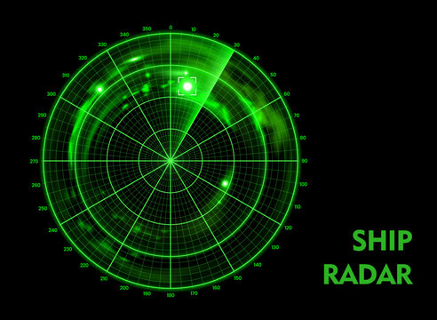 Ship radar screen display with area map, nautical sonar monitor. Futuristic green screen displaying critical maritime navigation data. Circular vector ship radar for naval simulation game