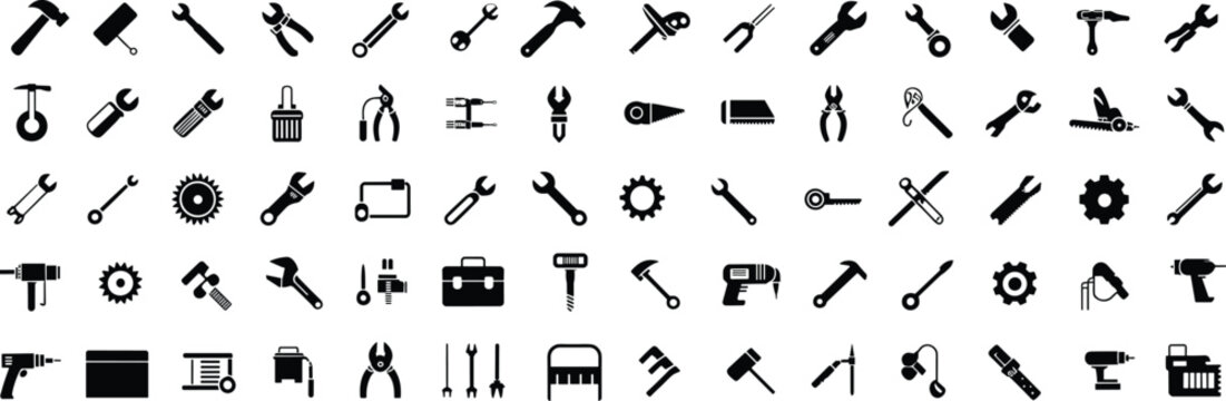 Collection of black and white representing various tools and mechanical parts arranged in a grid pattern