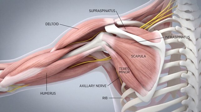 Detailed human shoulder anatomy with labeled muscles and bones