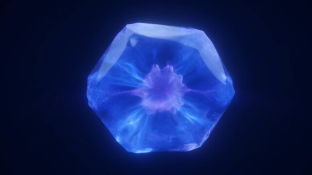 Mysterious blue glowing multifaceted object in deep space with sparkling particles